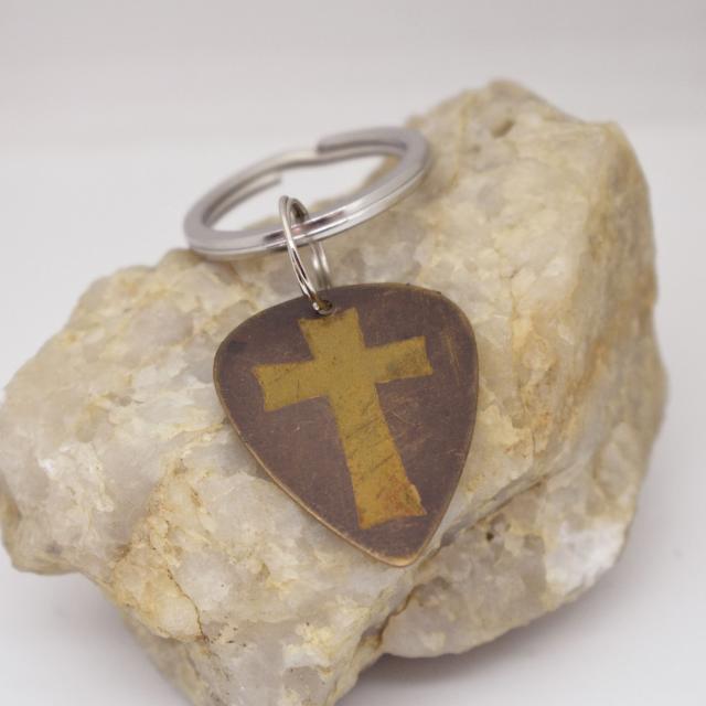 rustic brass guitar pick cross keychain.jpg